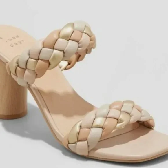 New (NWOT) A New Day Braided Beige Neutral Colored Basil Heeled Sandals - Picture 2 of 10